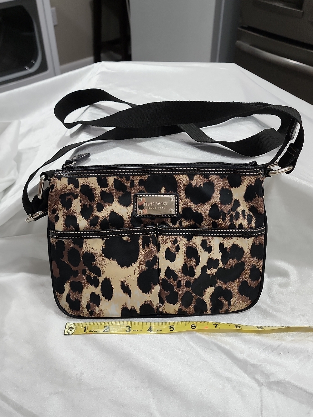 Nine West Nylon Black Leopard Print  Adjustable Crossbody Bag.